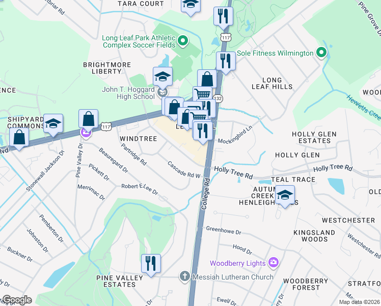 map of restaurants, bars, coffee shops, grocery stores, and more near 4555 Holly Tree Road in Wilmington