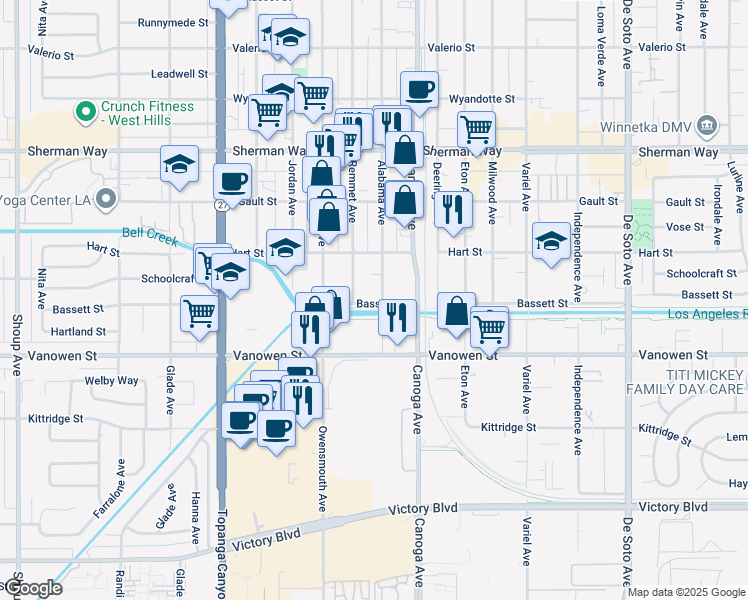 map of restaurants, bars, coffee shops, grocery stores, and more near 21511 Bassett Street in Los Angeles