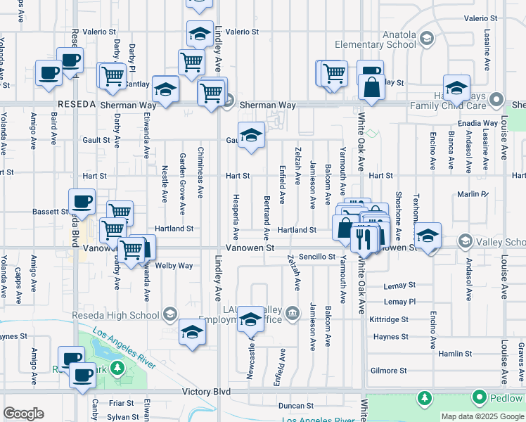 map of restaurants, bars, coffee shops, grocery stores, and more near 6901 Bertrand Avenue in Los Angeles