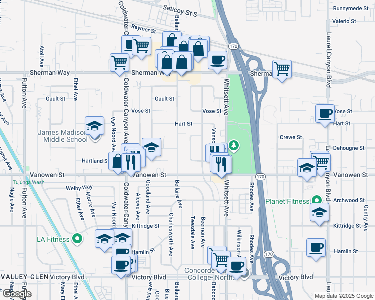 map of restaurants, bars, coffee shops, grocery stores, and more near 6865 Teesdale Avenue in Los Angeles