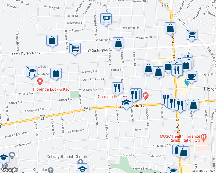 map of restaurants, bars, coffee shops, grocery stores, and more near 661 West King Avenue in Florence