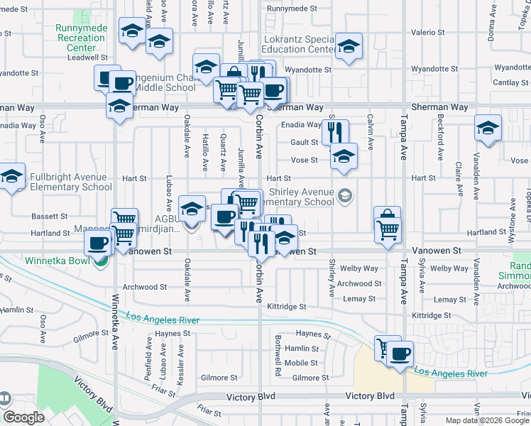 map of restaurants, bars, coffee shops, grocery stores, and more near 6857 Bothwell Road in Los Angeles