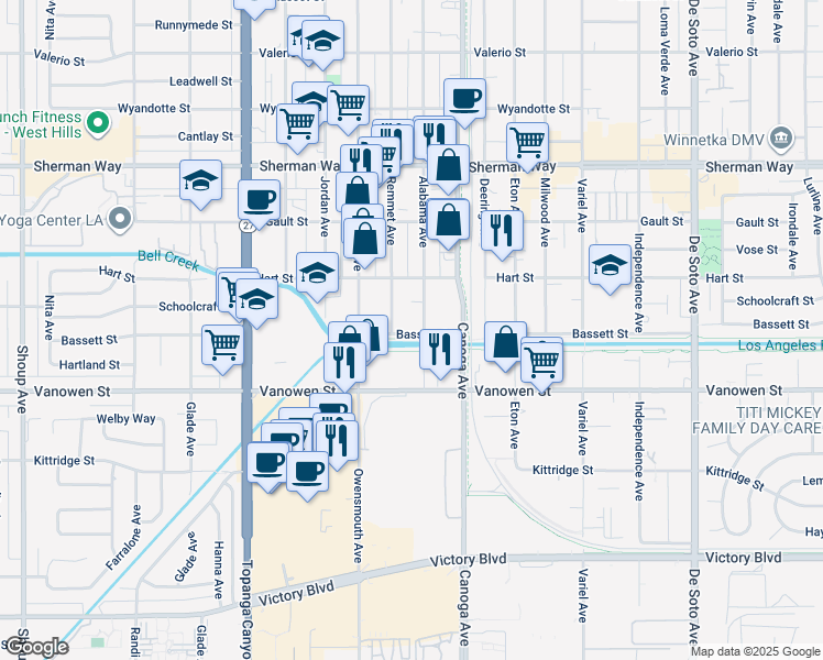 map of restaurants, bars, coffee shops, grocery stores, and more near 21511 Bassett Street in Los Angeles