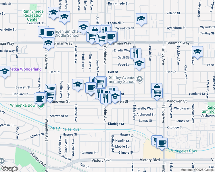 map of restaurants, bars, coffee shops, grocery stores, and more near 6904 Corbin Avenue in Los Angeles