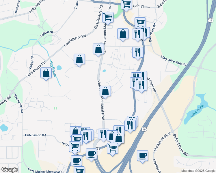 map of restaurants, bars, coffee shops, grocery stores, and more near 161 Basil Street in Cumming
