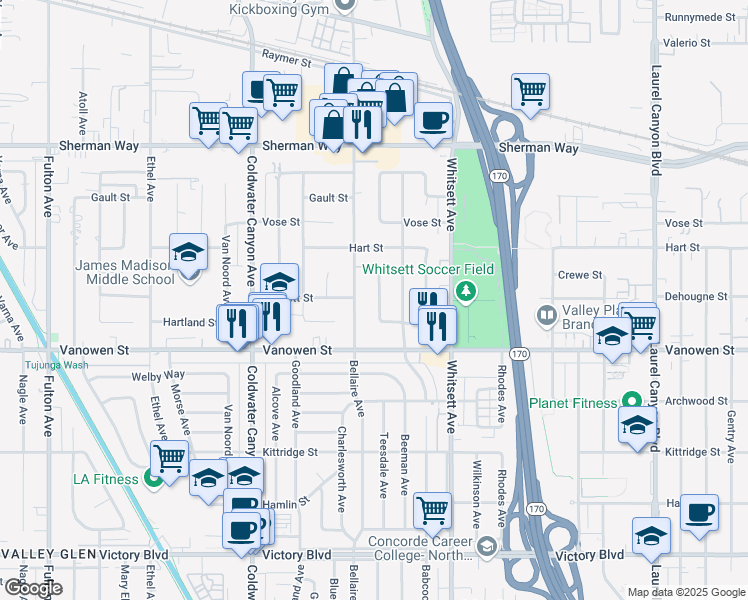 map of restaurants, bars, coffee shops, grocery stores, and more near 6865 Teesdale Avenue in Los Angeles