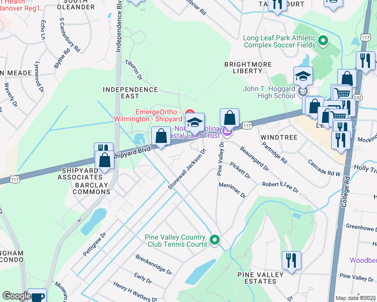map of restaurants, bars, coffee shops, grocery stores, and more near 147 Longstreet Drive in Wilmington