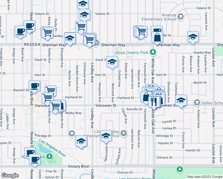 map of restaurants, bars, coffee shops, grocery stores, and more near 6901 Bertrand Avenue in Los Angeles