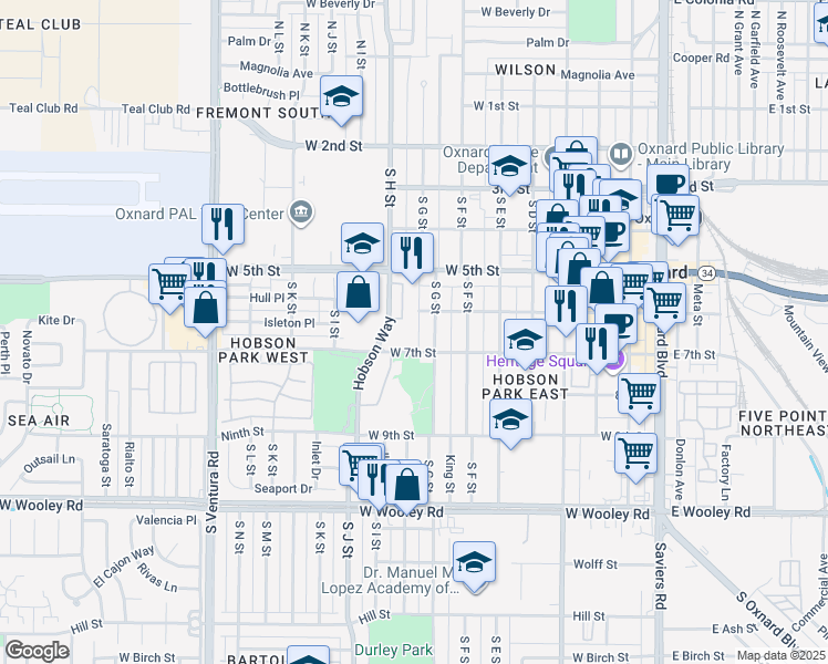 map of restaurants, bars, coffee shops, grocery stores, and more near 831 West 7th Street in Oxnard