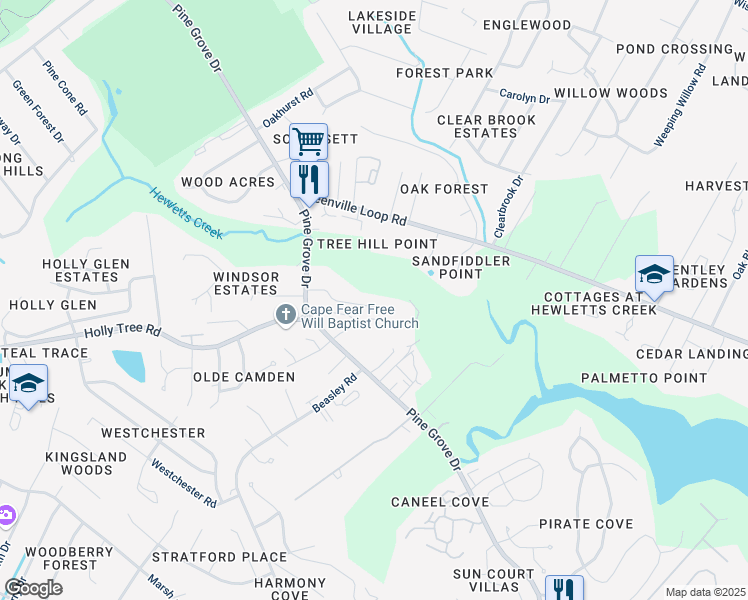 map of restaurants, bars, coffee shops, grocery stores, and more near 501 Crooked Creek Road in Wilmington