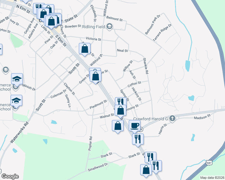 map of restaurants, bars, coffee shops, grocery stores, and more near 982 South Broad Street in Commerce