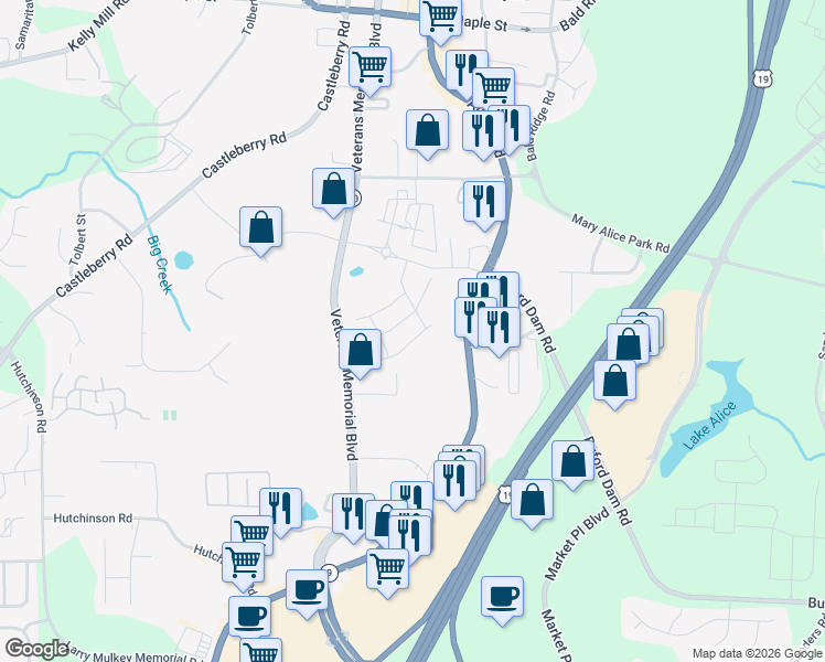 map of restaurants, bars, coffee shops, grocery stores, and more near 525 Atlanta Road in Cumming