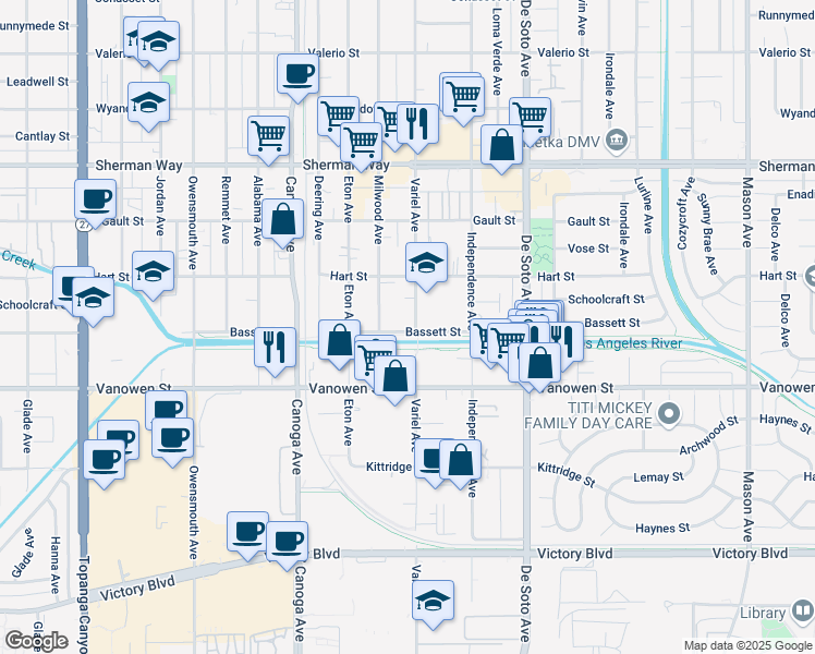 map of restaurants, bars, coffee shops, grocery stores, and more near 6903 Variel Avenue in Los Angeles
