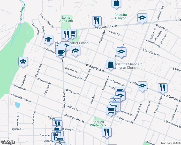 map of restaurants, bars, coffee shops, grocery stores, and more near 321 West Terrace Street in Altadena