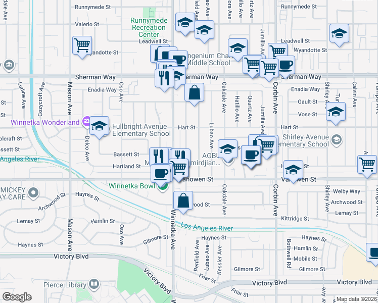 map of restaurants, bars, coffee shops, grocery stores, and more near 6902 Quakertown Avenue in Los Angeles