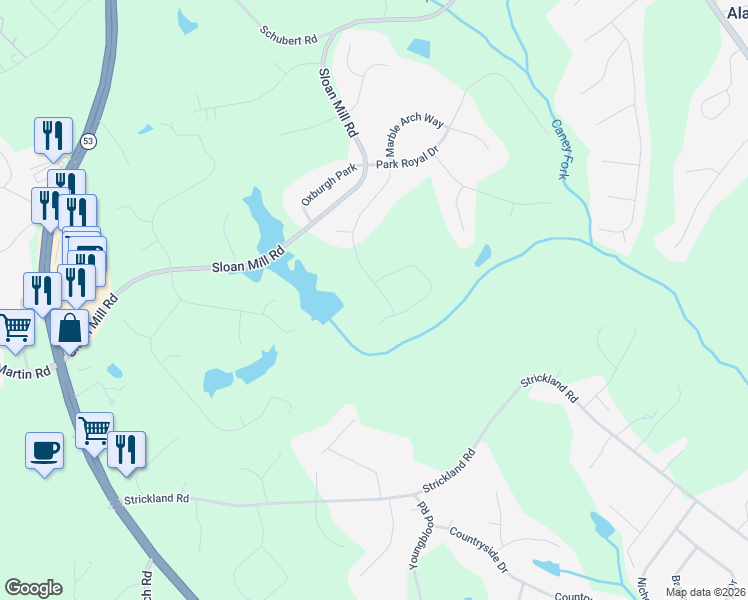 map of restaurants, bars, coffee shops, grocery stores, and more near 4490 Longmead Road in Flowery Branch