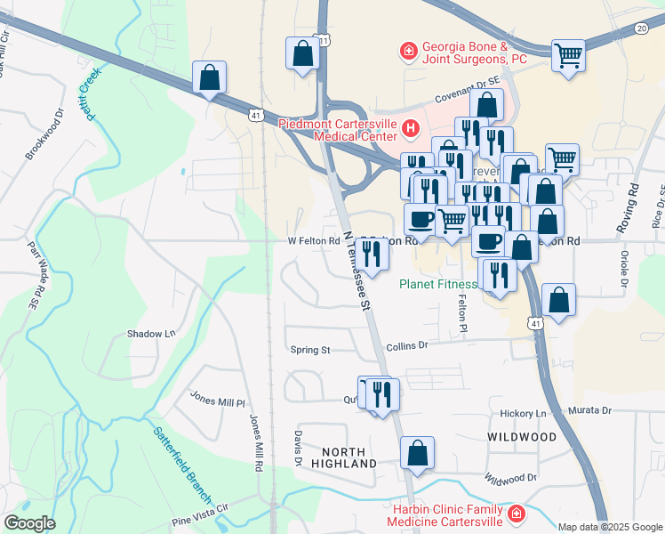 map of restaurants, bars, coffee shops, grocery stores, and more near 1136 North Tennessee Street in Cartersville