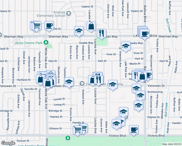 map of restaurants, bars, coffee shops, grocery stores, and more near 6859 Louise Avenue in Los Angeles