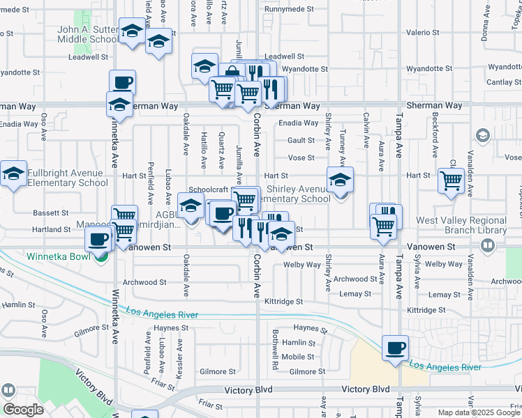 map of restaurants, bars, coffee shops, grocery stores, and more near 6904 Corbin Avenue in Los Angeles