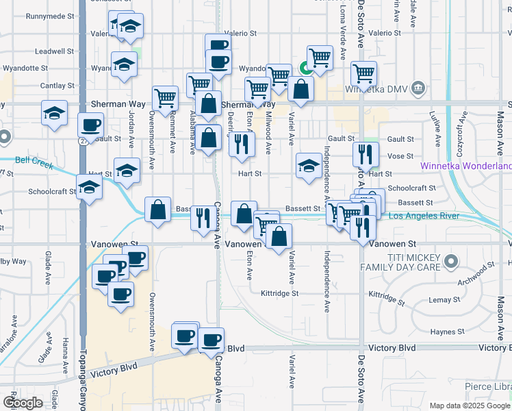 map of restaurants, bars, coffee shops, grocery stores, and more near 6911 Milwood Avenue in Los Angeles