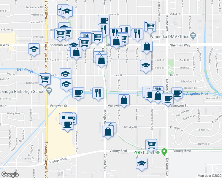map of restaurants, bars, coffee shops, grocery stores, and more near 6900 North Deering Avenue in Los Angeles