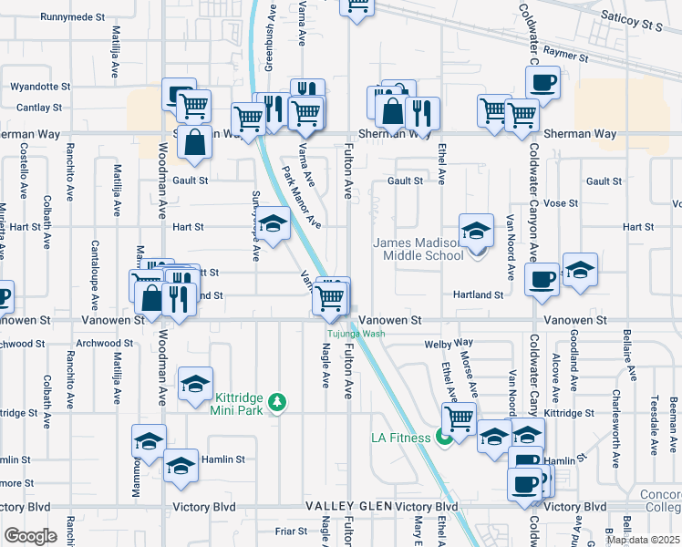 map of restaurants, bars, coffee shops, grocery stores, and more near 6865 Fulton Avenue in Los Angeles