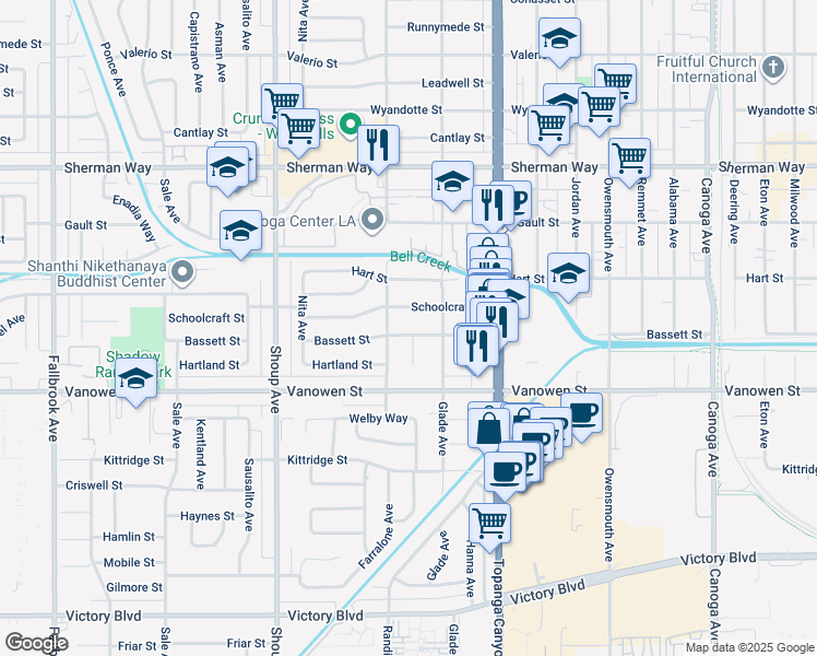 map of restaurants, bars, coffee shops, grocery stores, and more near 22139 Bassett Street in Los Angeles