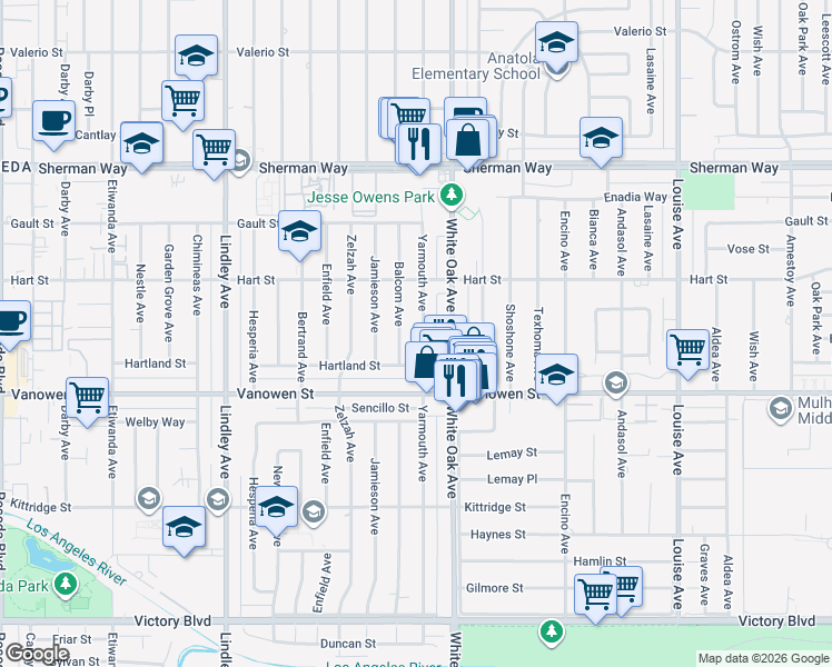 map of restaurants, bars, coffee shops, grocery stores, and more near 6863 Yarmouth Avenue in Los Angeles