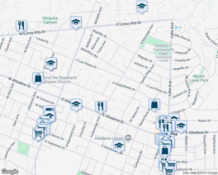 map of restaurants, bars, coffee shops, grocery stores, and more near 2962 Emerson Way in Altadena