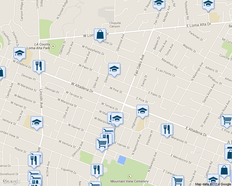 map of restaurants, bars, coffee shops, grocery stores, and more near 76 West Pine Street in Altadena