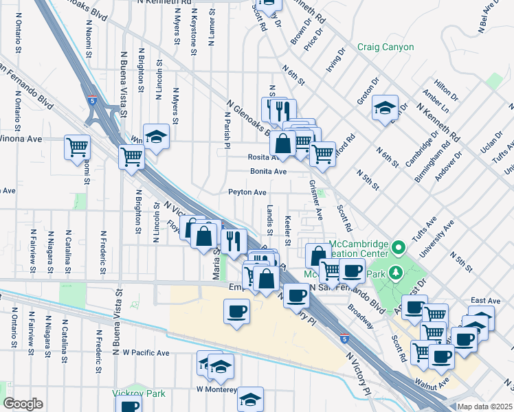 map of restaurants, bars, coffee shops, grocery stores, and more near 1912 Jackson Street in Burbank