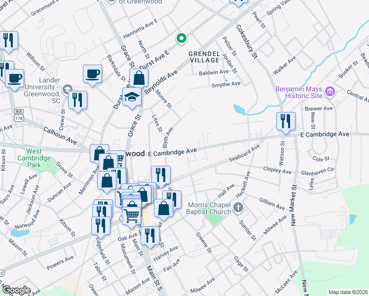 map of restaurants, bars, coffee shops, grocery stores, and more near 302 East Cambridge Avenue in Greenwood