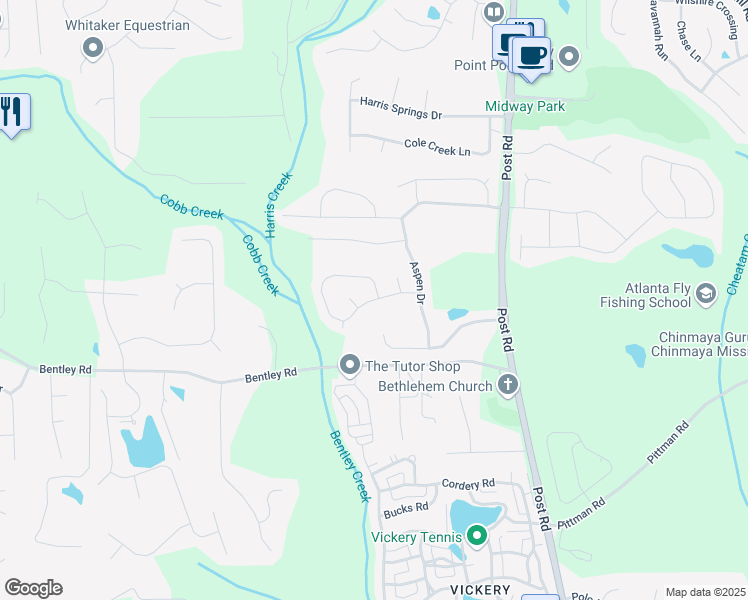 map of restaurants, bars, coffee shops, grocery stores, and more near Pine Bluff Drive in Cumming
