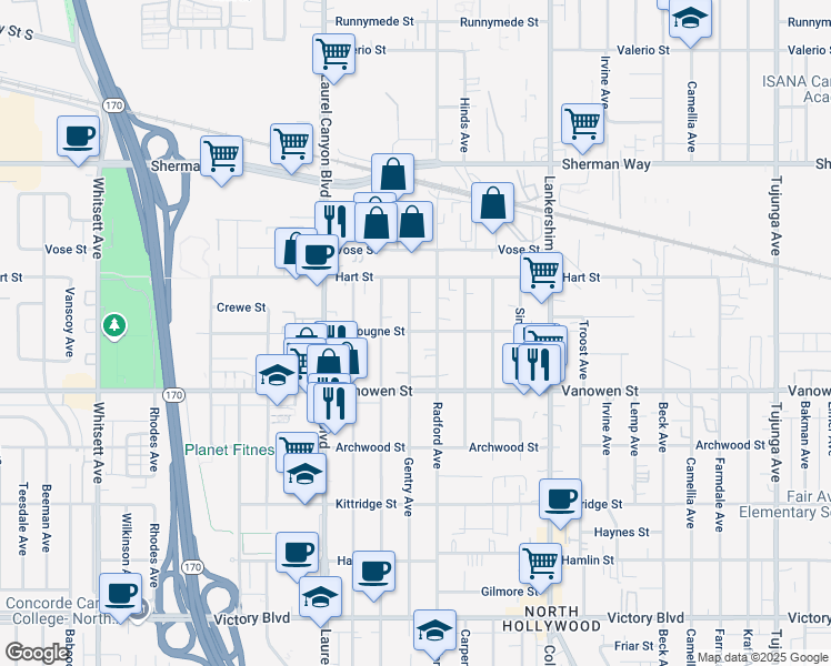 map of restaurants, bars, coffee shops, grocery stores, and more near 6853 Gentry Avenue in Los Angeles