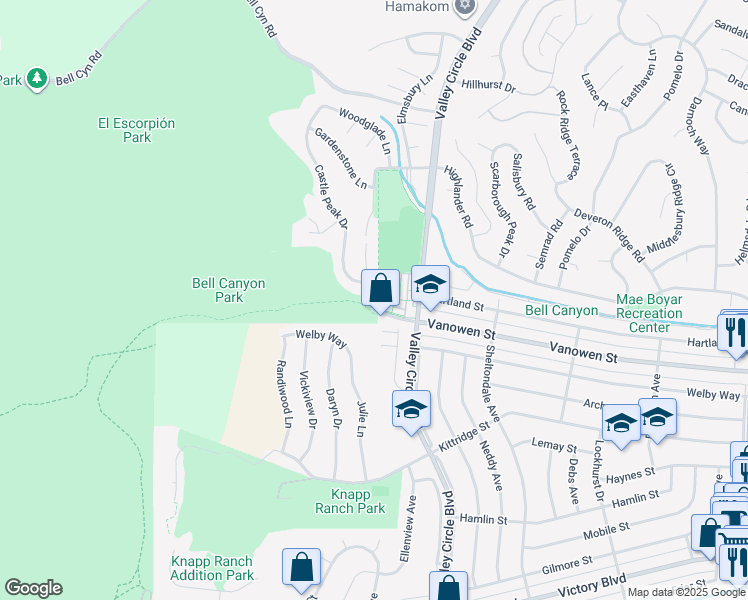 map of restaurants, bars, coffee shops, grocery stores, and more near 6800 Sunset Ridge Court in Los Angeles