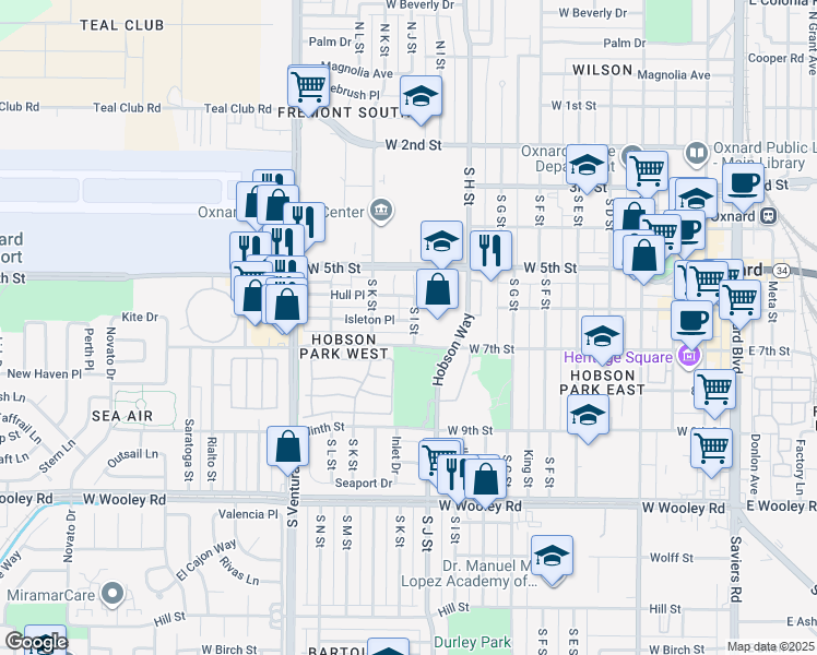 map of restaurants, bars, coffee shops, grocery stores, and more near 640 South I Street in Oxnard