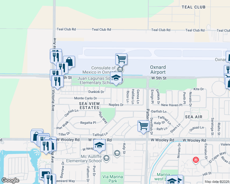 map of restaurants, bars, coffee shops, grocery stores, and more near 641 Marbella Court in Oxnard