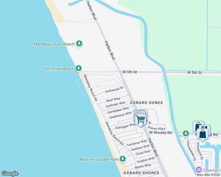 map of restaurants, bars, coffee shops, grocery stores, and more near 5346 Driftwood Street in Oxnard
