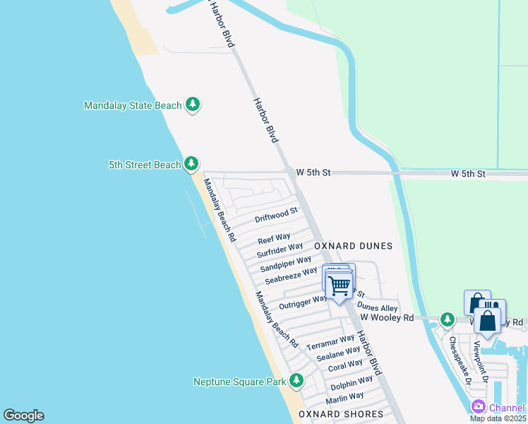 map of restaurants, bars, coffee shops, grocery stores, and more near 5346 Driftwood Street in Oxnard