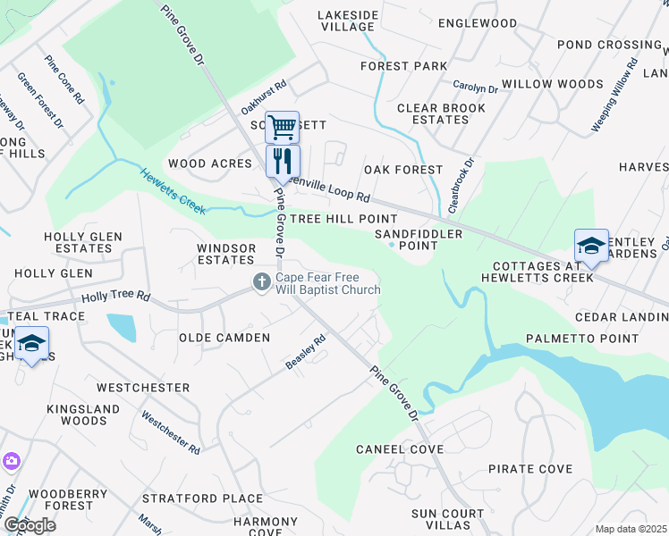 map of restaurants, bars, coffee shops, grocery stores, and more near 501-503 Crooked Creek Road in Wilmington