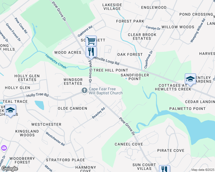 map of restaurants, bars, coffee shops, grocery stores, and more near 501-503 Crooked Creek Road in Wilmington