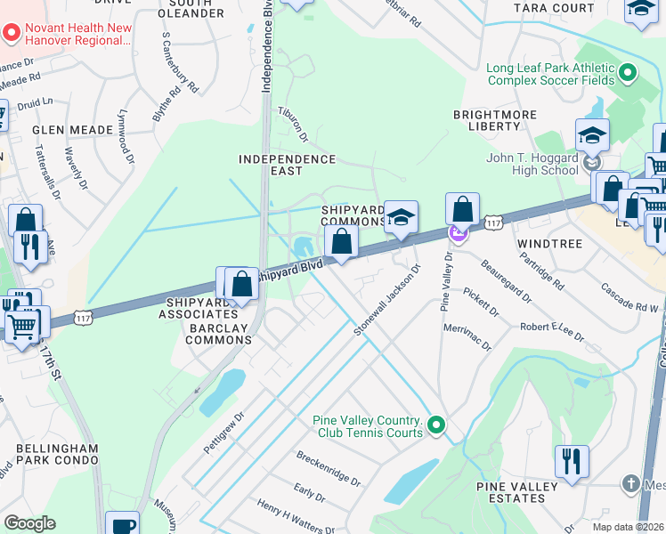 map of restaurants, bars, coffee shops, grocery stores, and more near 115 Longstreet Drive in Wilmington