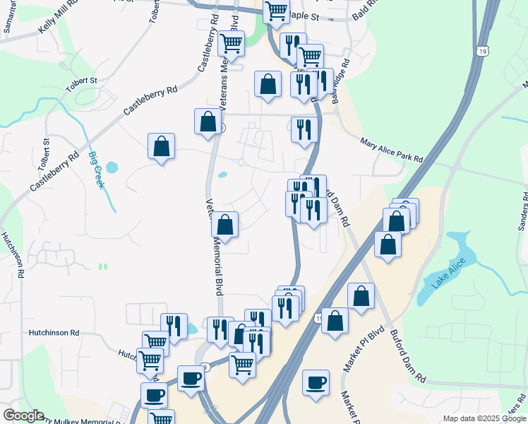 map of restaurants, bars, coffee shops, grocery stores, and more near 173 Basil Street in Cumming