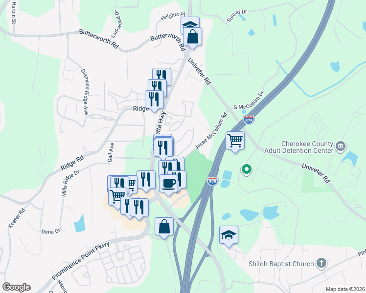 map of restaurants, bars, coffee shops, grocery stores, and more near 223 Cottonwood Creek Circle in Canton
