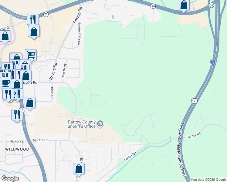 map of restaurants, bars, coffee shops, grocery stores, and more near 41 Clearview Drive in Cartersville