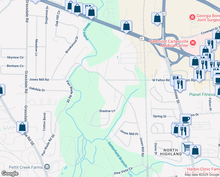 map of restaurants, bars, coffee shops, grocery stores, and more near 1018 Jones Mill Road in Cartersville