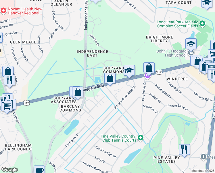 map of restaurants, bars, coffee shops, grocery stores, and more near 115 Longstreet Drive in Wilmington