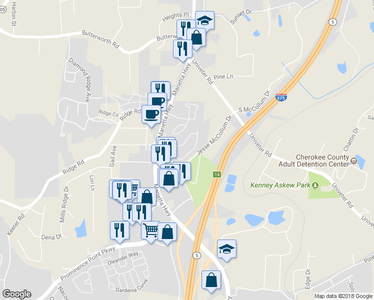 map of restaurants, bars, coffee shops, grocery stores, and more near 223 Cottonwood Creek Circle in Canton