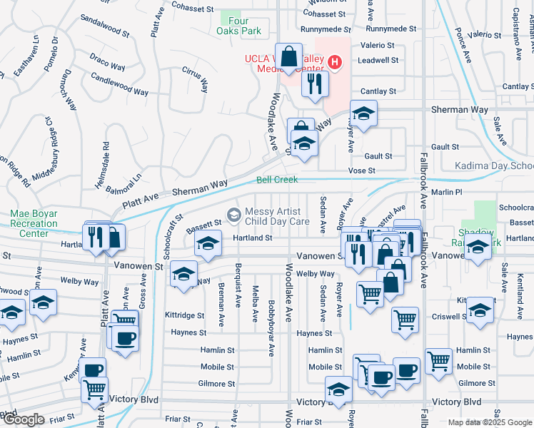 map of restaurants, bars, coffee shops, grocery stores, and more near 6928 Melba Avenue in Los Angeles