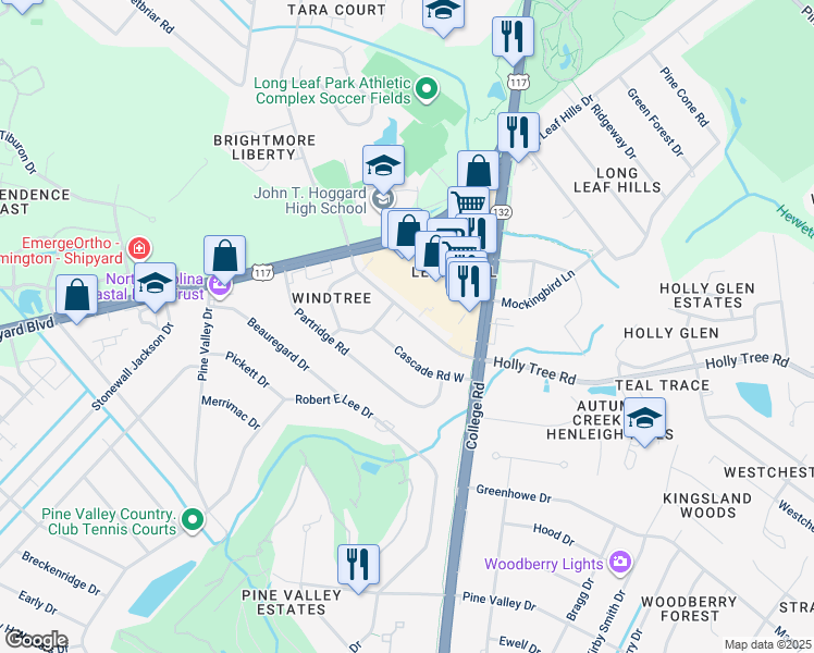 map of restaurants, bars, coffee shops, grocery stores, and more near 4510 Holly Tree Road in Wilmington